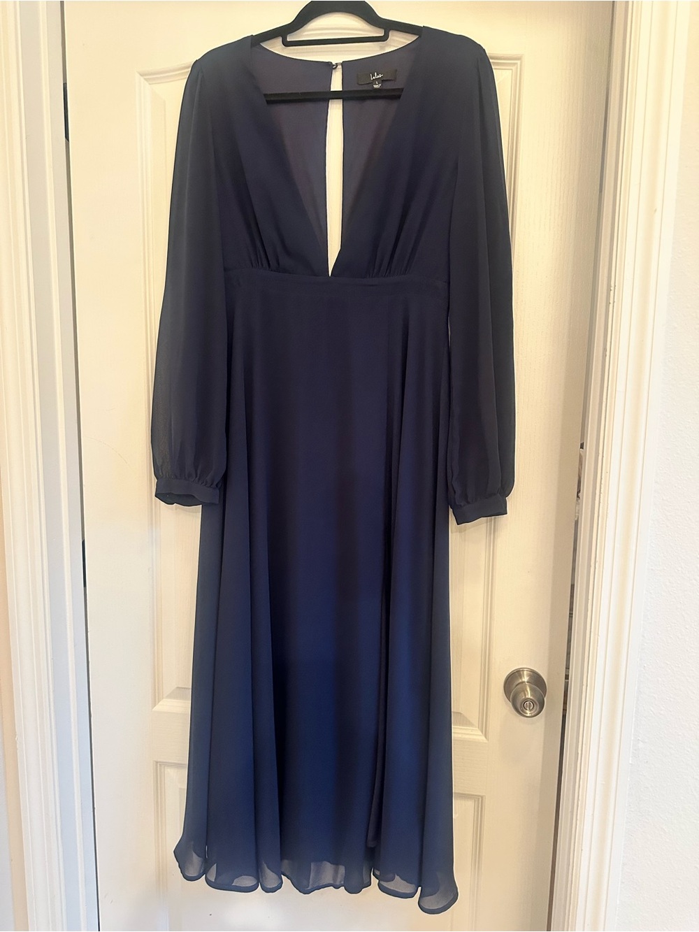 Lulu's Navy Plunge V-Neck Long Sleeve Maxi Dress with Thigh Slit - Picture 2 of 4